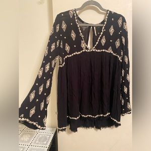 Free People Bohemian Black Embroidered Long Sleeve Top